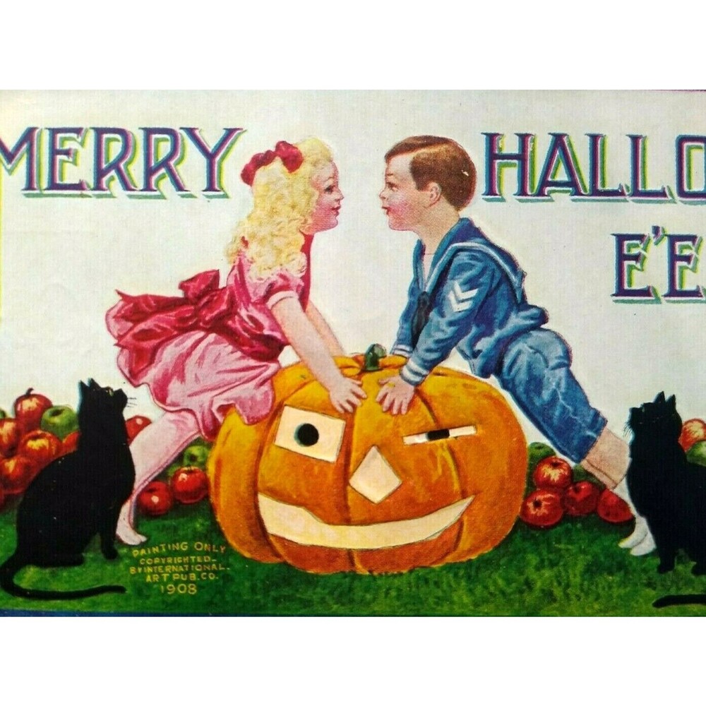 Halloween Postcard International Arts Sailor Boy Girl Black Cats Embossed 1908